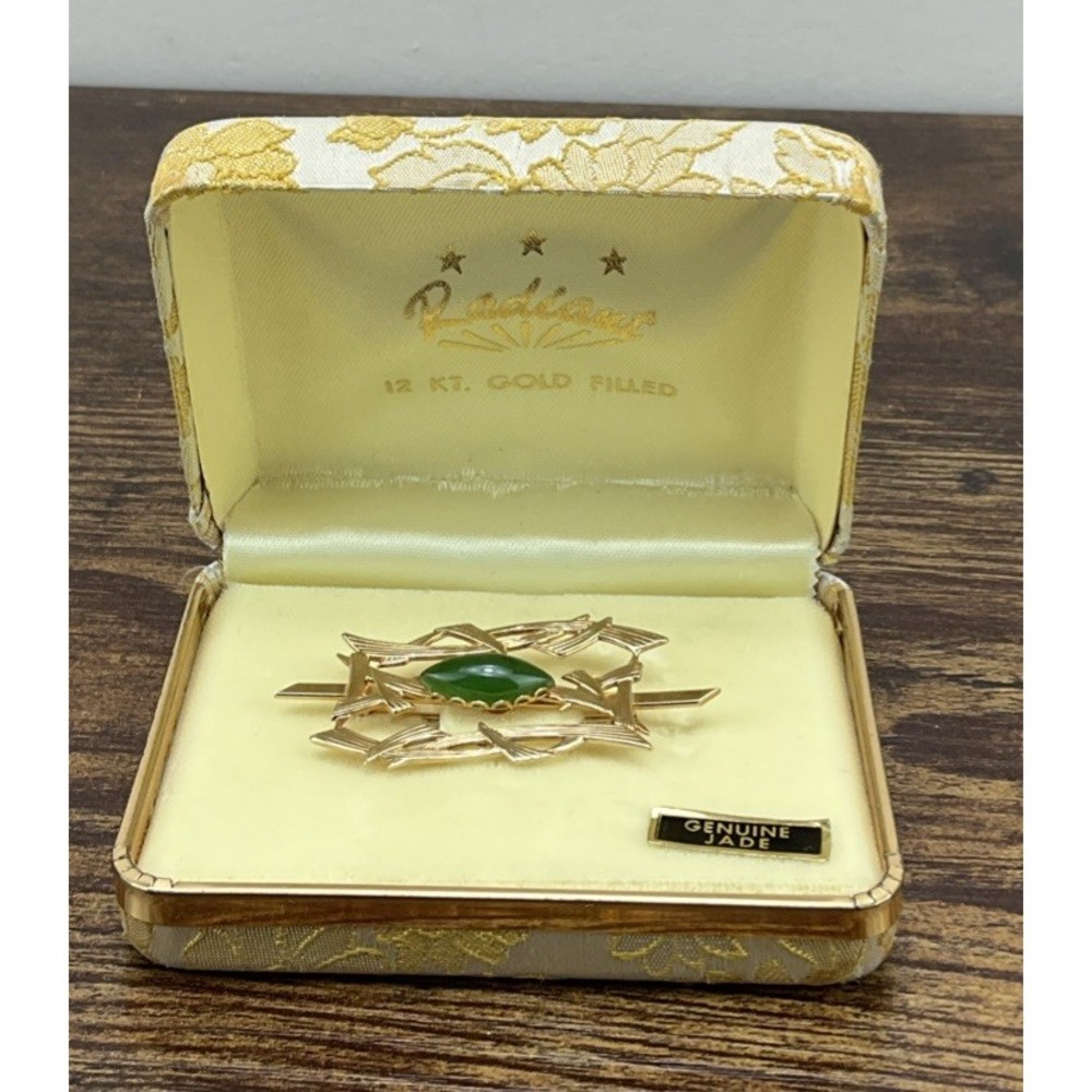 Vintage New Radiant 1/20 12k GF Brooch with Genuine Jade Asian Design Daisy Box